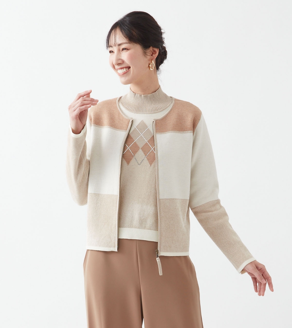 【Rossa】配色ニットジャケット アーガイル柄セーター
